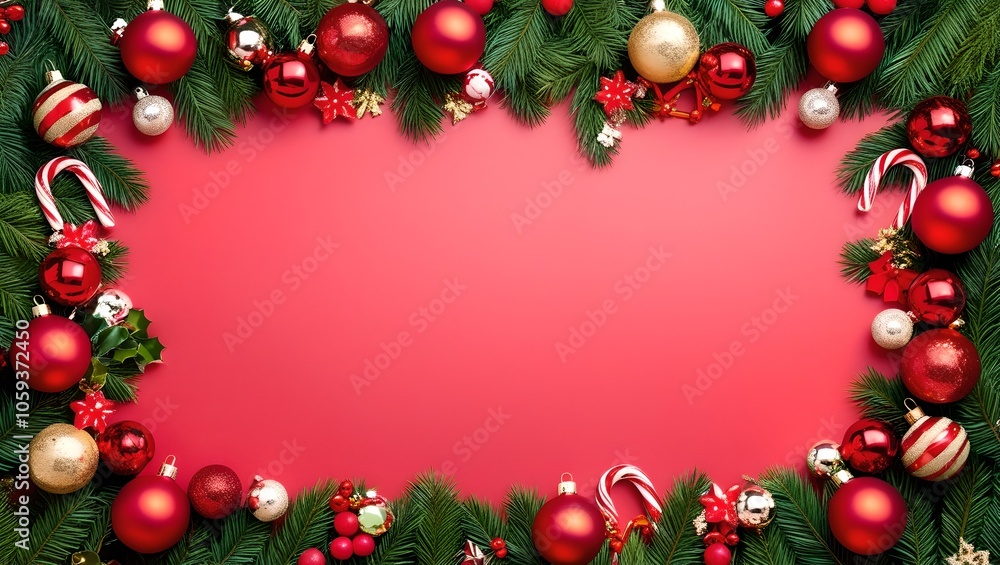Top view of Christmas decorations with a red and green festive border, ideal for holiday-themed backgrounds Top view of Christmas decorations with a red and green festive border, ideal for holiday-themed backgrounds