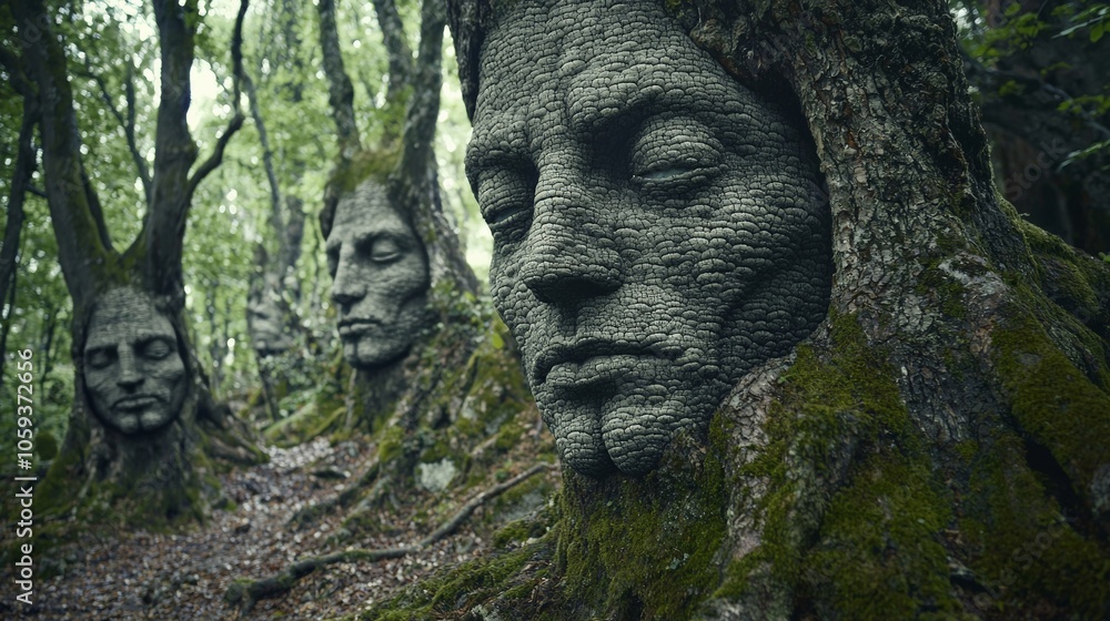 Bizarre scenery of a forest where the trees have human faces Bizarre scenery of a forest where the trees have human faces