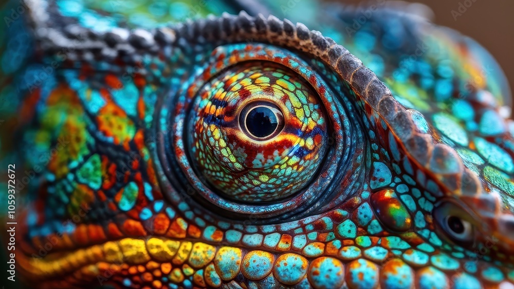 Obraz premium Close-up of a vibrant, colorful reptile eye showcasing intricate patterns and textures.