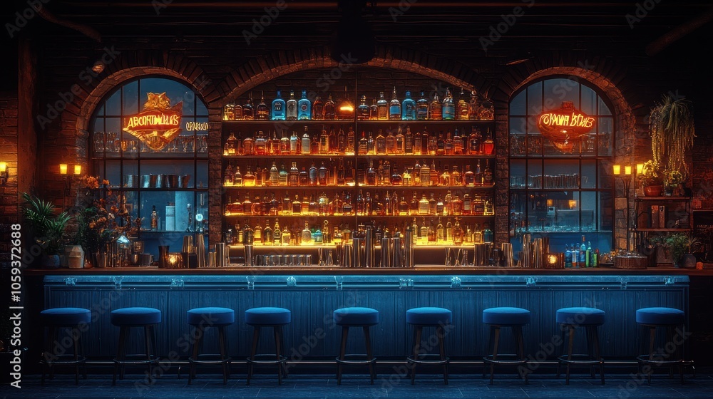 A dimly lit bar with a blue countertop, wooden bar stools, and shelves lined with bottles.