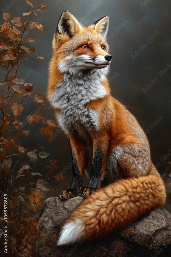 Fototapeta premium A fox is sitting on a rock with its tail up. The fox is brown and white. The image has a calm and peaceful mood