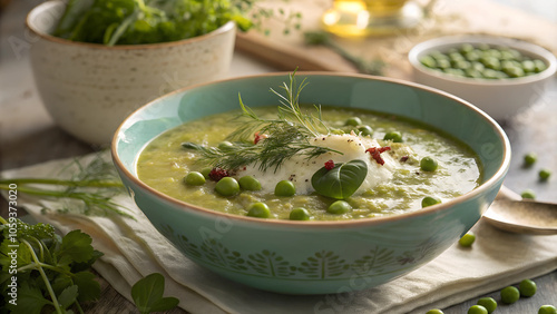 Delicious bowl of hernekeitto Finnish pea soup garnished with fresh herbs captured in a cozy kitchen setting. Generative AI photo