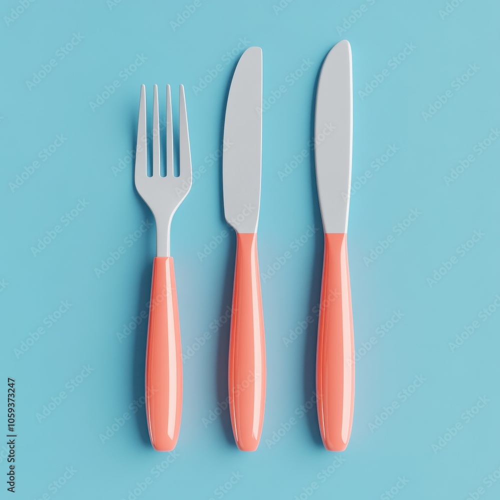 Vibrant Coral Cutlery Set on Pastel Blue Background Vibrant Coral Cutlery Set on Pastel Blue Background