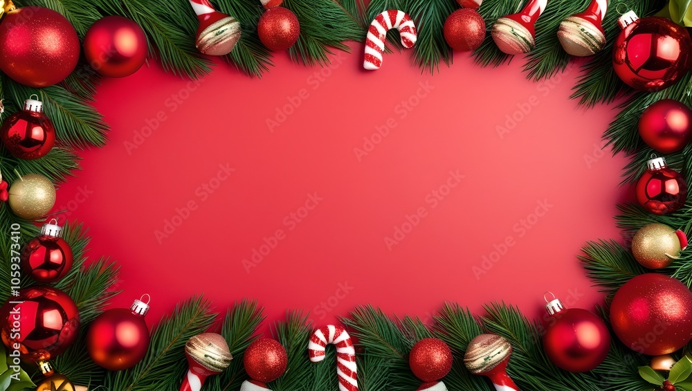 Festive Christmas border with red and gold ornaments, candy canes, and pine branches on a vibrant red background -AI Generative Festive Christmas border with red and gold ornaments, candy canes, and pine branches on a vibrant red background -AI Generative