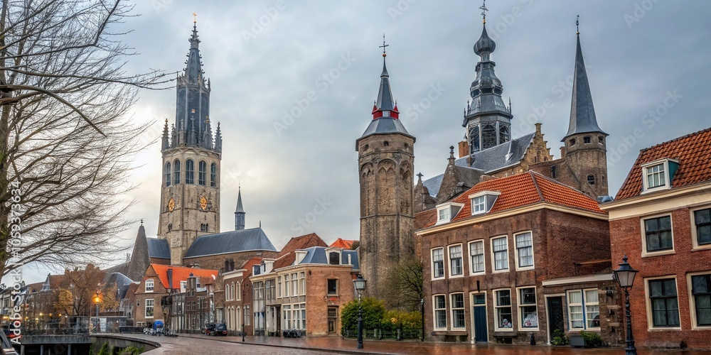 Naklejka premium Medieval Skyline of Delft: A Stunning Double Exposure Cityscape for Travel Enthusiasts