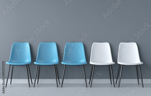 Blue and White Chairs in a Row, Interior Design, Minimalist, Chair, Waiting Room