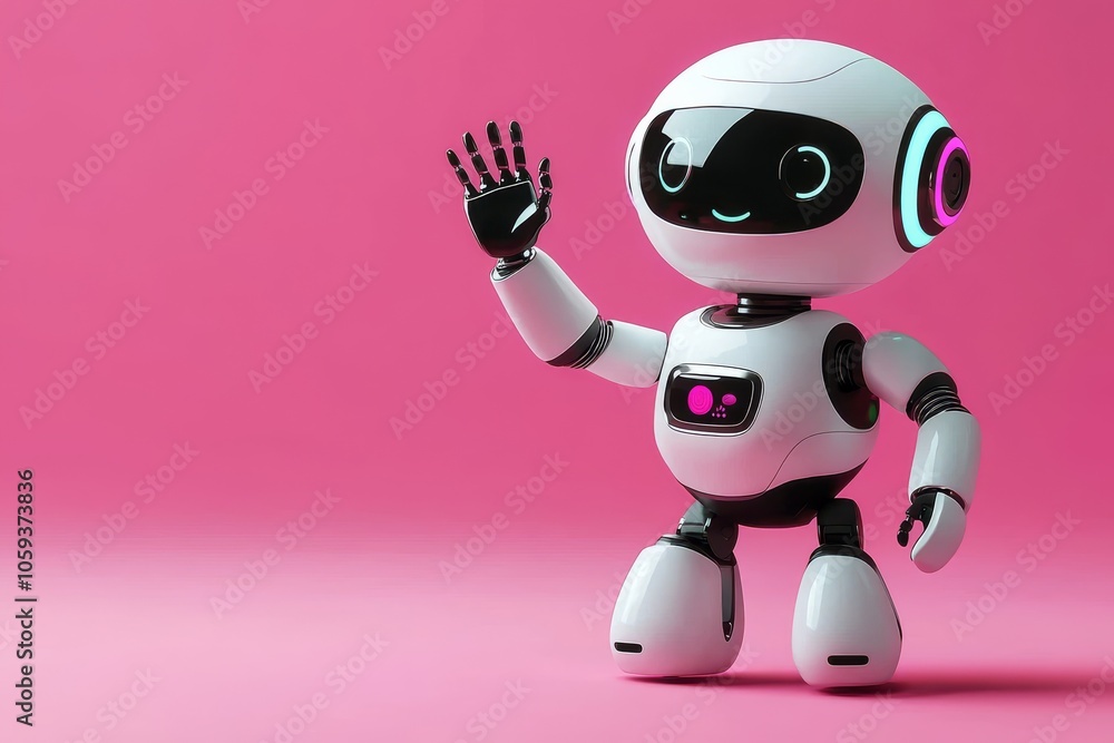 Friendly Robot Waving on Pink Background, 3D Render, AI, Technology, Futuristic Friendly Robot Waving on Pink Background, 3D Render, AI, Technology, Futuristic