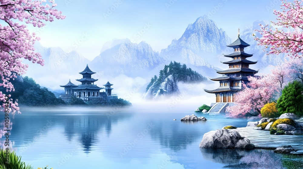Fototapeta premium Watercolor-inspired Chinese landscape with misty mountains, a calm lake, ancient pagodas, and blossoming trees, serene and ethereal atmosphere