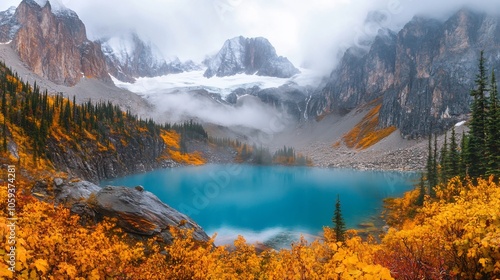 A serene mountain lake with a backdrop of snow-capped peaks, surrounded by vibrant autumn foliage.