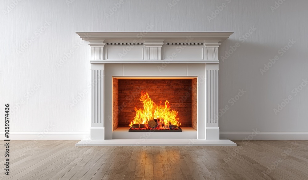 White Fireplace with Flames in a Room, Fireplace, Interior, Home White Fireplace with Flames in a Room, Fireplace, Interior, Home