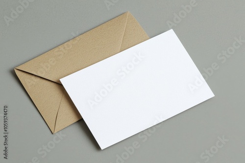 White Card Mockup with Brown Envelope on Grey Background, card, envelope, mockup, grey