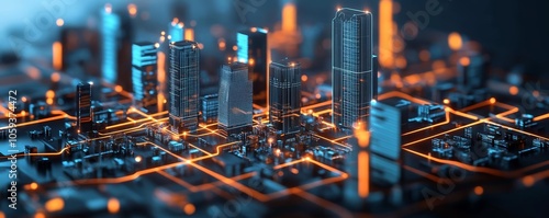 Futuristic smart city with towering skyscrapers, digital data networks connecting the city, glowing lines and high-tech architecture, 3D illustration photo