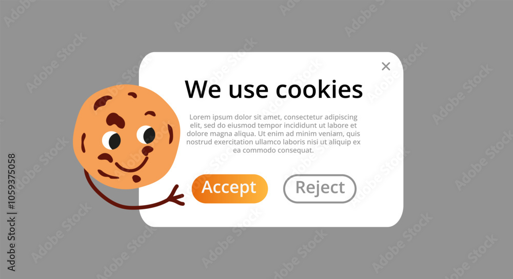 Naklejka premium We use cookie homepage. Landingpage cookies with chocolate drops snack baked goods in brown and light color with sweet vanilla flavor and appetizing vector design