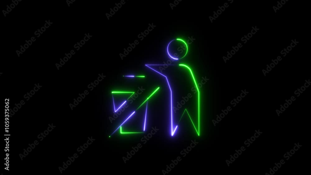 Glowing man icon animation blue green color, Neon of waste bins full of different types of garbage, recycling and separate waste collection concepts isolated black background. Glowing man icon animation blue green color, Neon of waste bins full of different types of garbage, recycling and separate waste collection concepts isolated black background.