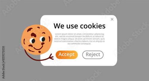 We use cookie homepage. Landingpage cookies with chocolate drops snack baked goods in brown and light color with sweet vanilla flavor and appetizing vector design