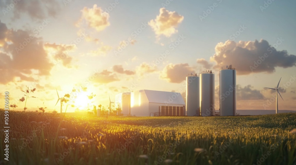 Hydrogen energy plants. A compact industrial energy facility with modern equipment located in a rural area, illuminated by the sunrise, representing sustainable energy production and infrastructure.
Hydrogen energy plants. A compact industrial energy facility with modern equipment located in a rural area, illuminated by the sunrise, representing sustainable energy production and infrastructure.