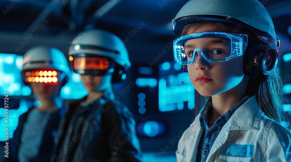 Children dressed as professionals, each representing different jobs, in a futuristic office with advanced technology Children dressed as professionals, each representing different jobs, in a futuristic office with advanced technology