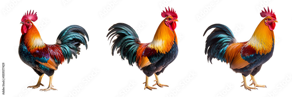 Fototapeta premium Set of rooster with colorful plumage isolated on transparent background (4)
