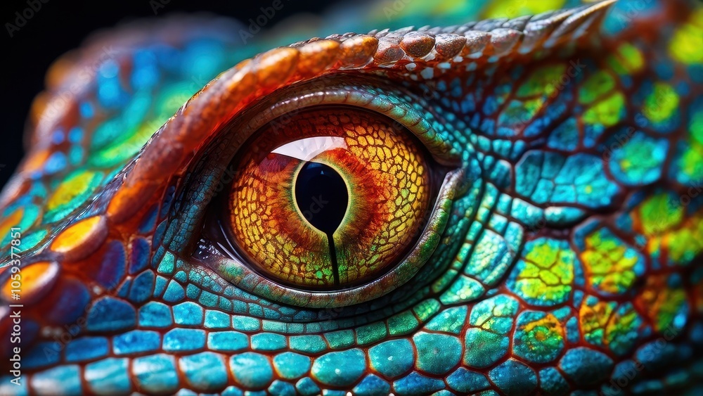 Fototapeta premium Close-up of a vibrant lizard's eye showcasing intricate colors and textures.