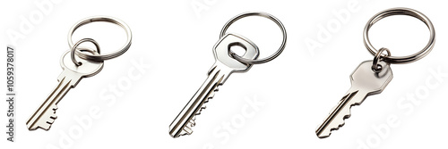 Set of silver keyring with a single house key isolated on transparent background