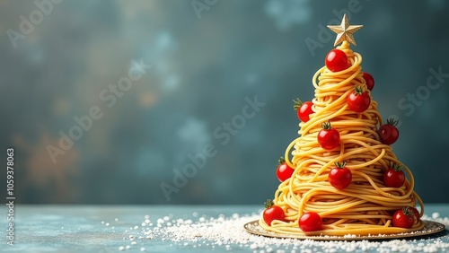 Wallpaper Mural on a gray background there is a Christmas tree made of spaghetti with cherry tomatoes Torontodigital.ca