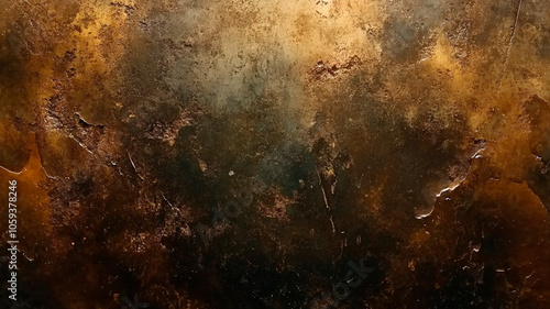 Abstract background with dark bronze and teal colors. Mysterious smoky atmosphere with textured brush strokes and swirls. Rustic metal surface with patina effect. Fine art painting concept.