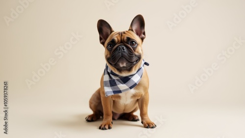 Bandana dog mockup featuring a cute, friendly dog wearing a stylish bandana. Ideal for showcasing pet accessories or branding on a playful, photorealistic background. photo