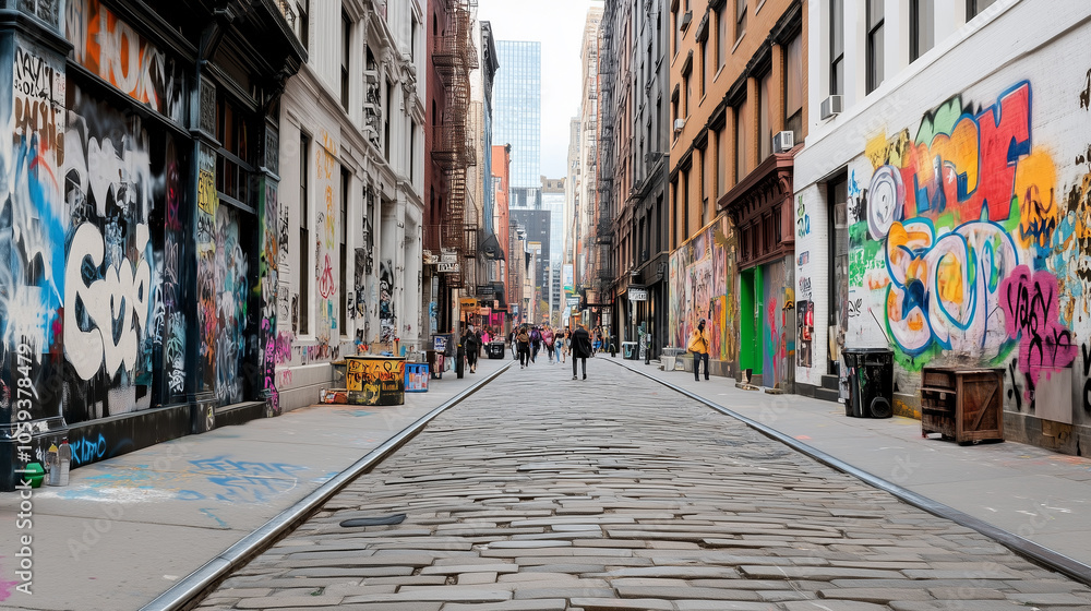 Fototapeta premium The Lively Streets of SoHo in New York Filled with Colorful Murals