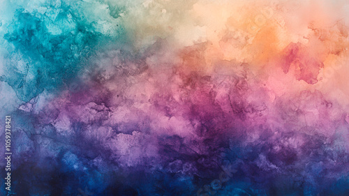 Abstract watercolor texture with turquoise and purple clouds. Colorful dreamy nebula with pink and orange gradient blends. Fluid paint texture. Cosmic artistic background concept.