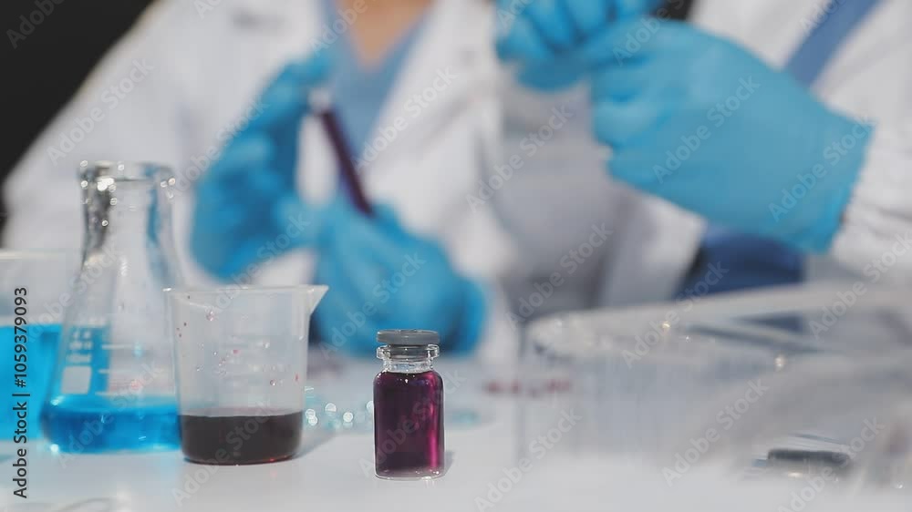 Biochemistry, scientist pipetting a sample into a test tube during an experiment in the lab. Biochemistry, scientist pipetting a sample into a test tube during an experiment in the lab.