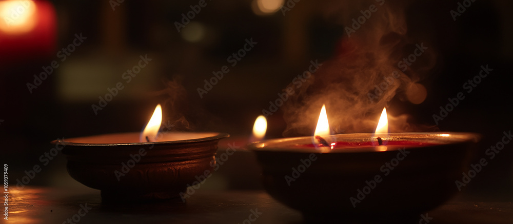 Close-up of lit candles, smoke billowing from the wicks, dark room Close-up of lit candles, smoke billowing from the wicks, dark room