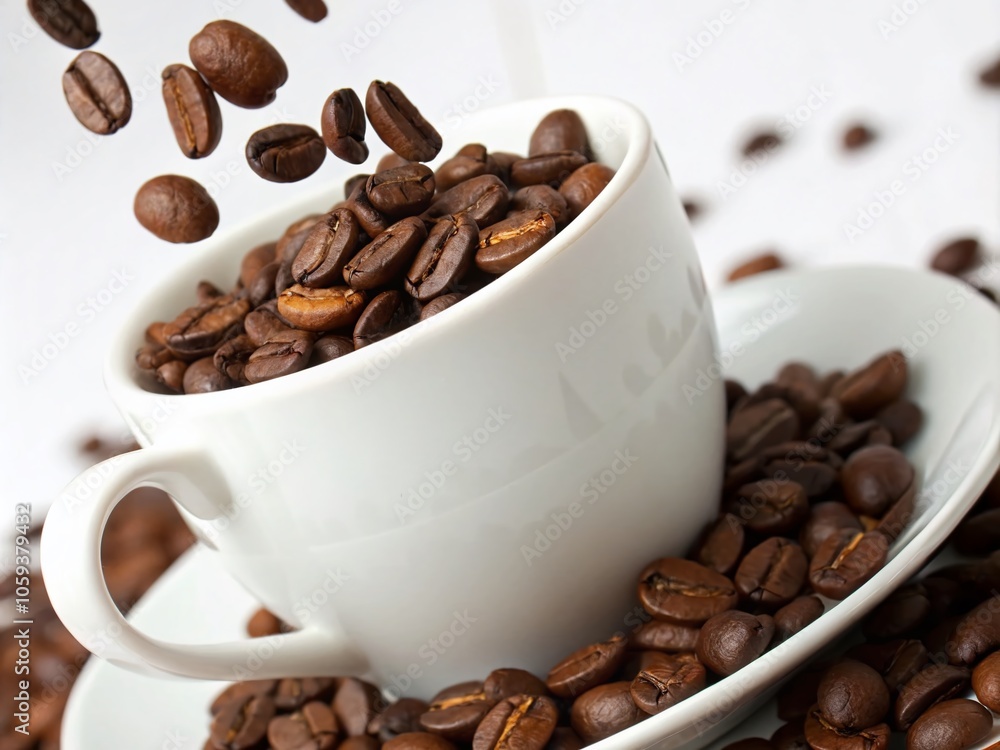 Minimalist Roasted Coffee Beans Flowing into a White Cup - Perfect Brew Photography Minimalist Roasted Coffee Beans Flowing into a White Cup - Perfect Brew Photography