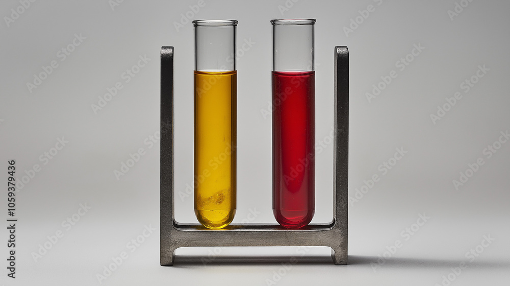 High-Detail Laboratory Setup with Dual Test Tubes in Red and Yellow Liquid, Highlighting Color Contrast and Clean, Organized Lab Environment in Metal Holder High-Detail Laboratory Setup with Dual Test Tubes in Red and Yellow Liquid, Highlighting Color Contrast and Clean, Organized Lab Environment in Metal Holder