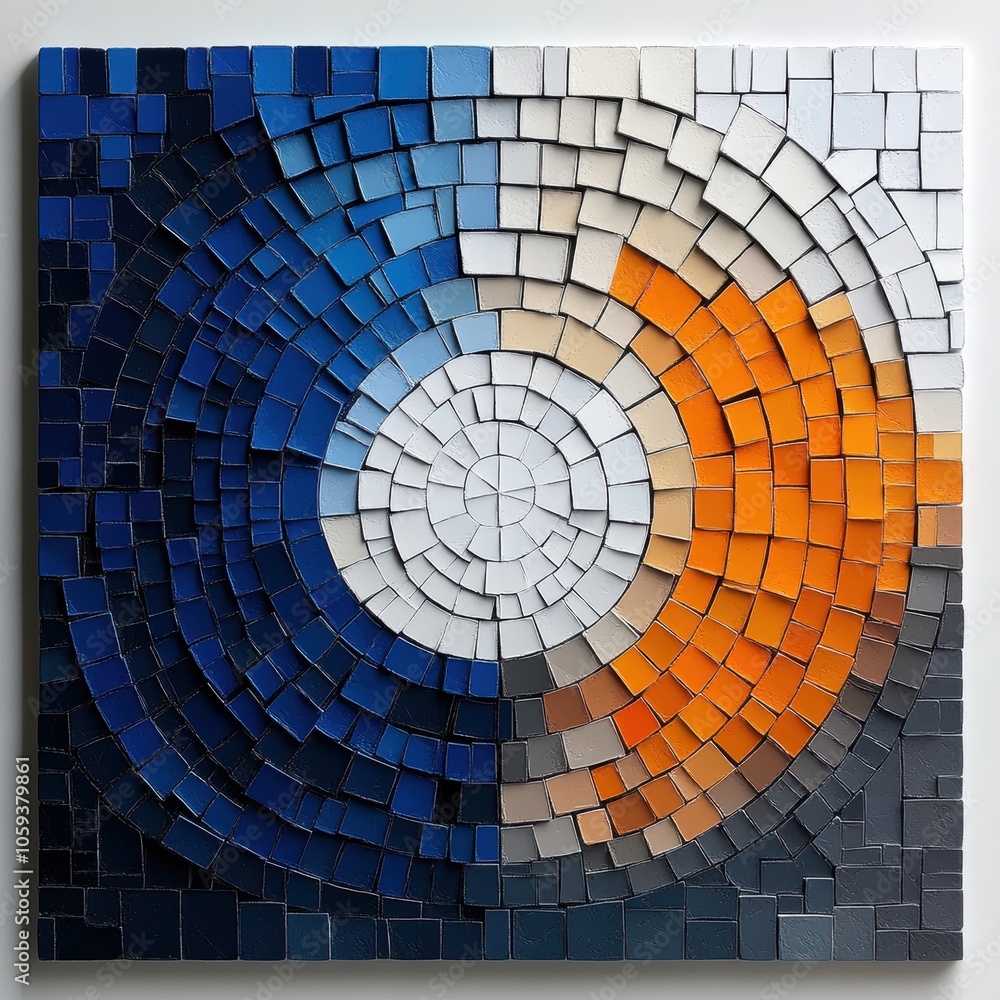 Fototapeta premium A colorful mosaic artwork features geometric patterns with blue, orange, and white tones, ideal for interior design, art promotion, or creative projects, enhancing visual appeal and aesthetic value,