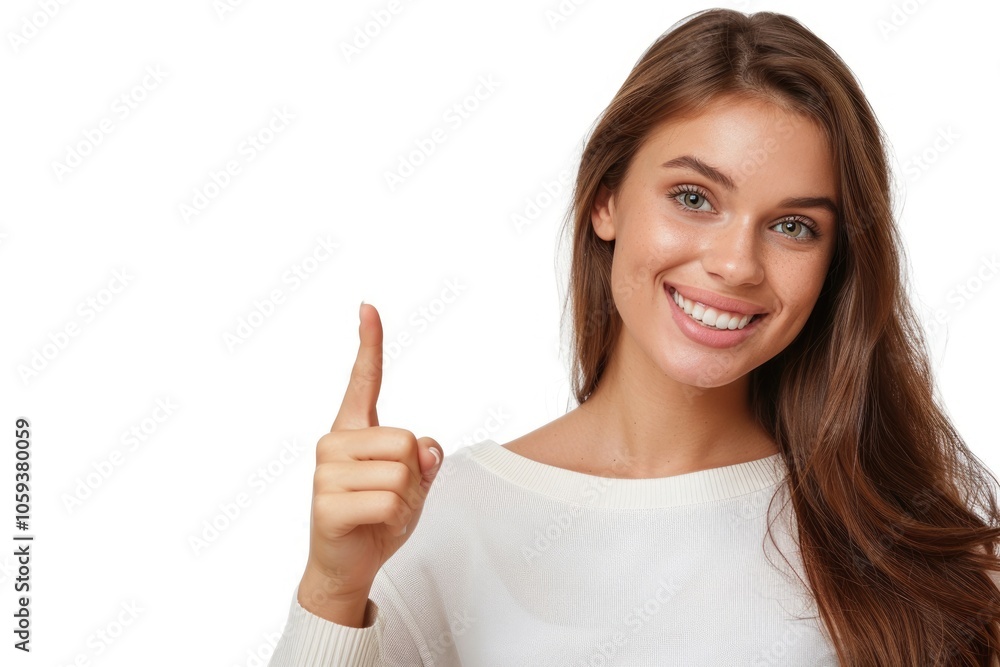 Smiling woman pointing to copy space on white background. Smiling woman pointing to copy space on white background.