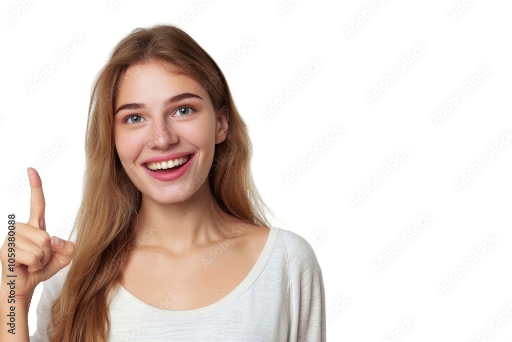 Smiling woman pointing to copy space on white background. Smiling woman pointing to copy space on white background.