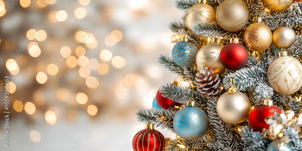 Close up of Christmas fir tree and Christmas balls against golden background with boke lights Close up of Christmas fir tree and Christmas balls against golden background with boke lights