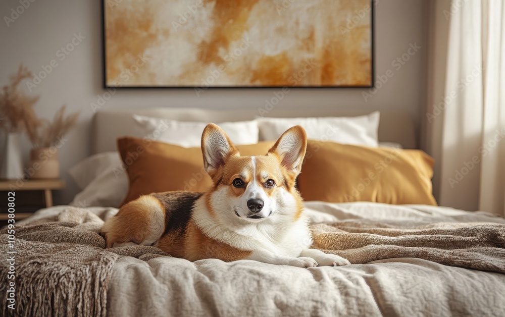 Stock photo of a Corgi resting on a bed in a contemporary bedroom, featuring a large wall art mockup in the background, in a beige and amber color palette Stock photo of a Corgi resting on a bed in a contemporary bedroom, featuring a large wall art mockup in the background, in a beige and amber color palette