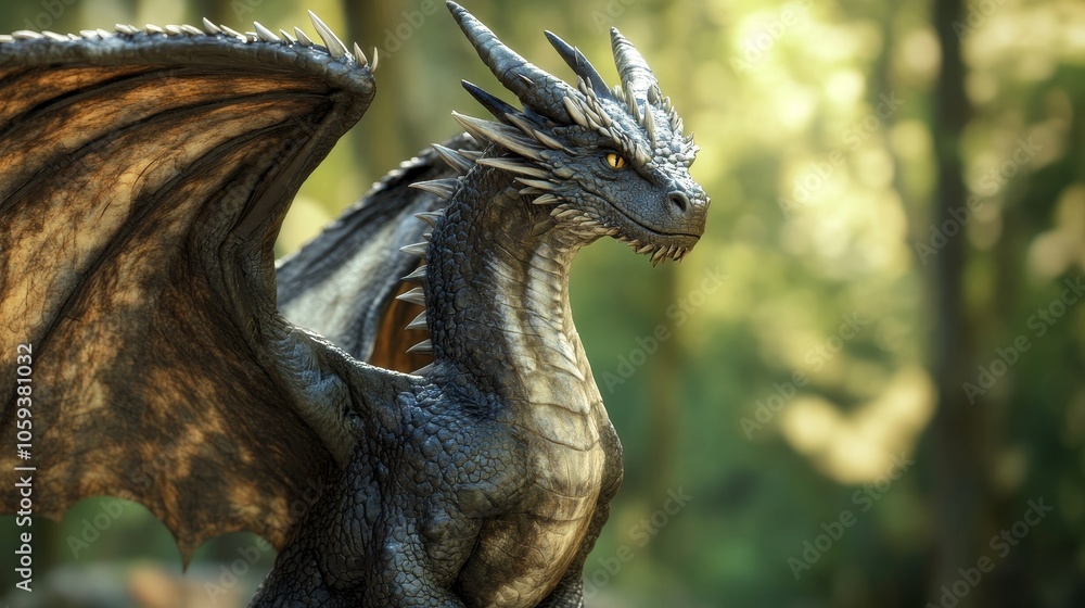 A powerful dragon with sharp scales and fierce eyes stands tall in a lush forest, embodying strength and mystery in a fantastical and mythical setting. A powerful dragon with sharp scales and fierce eyes stands tall in a lush forest, embodying strength and mystery in a fantastical and mythical setting.
