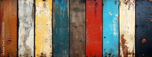 Rustic wooden planks with weathered paint, textured background illustration revealing layers of history