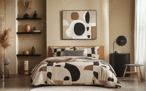 Stylish bedroom setup featuring geometric bed linens, abstract wall art, and wooden furnishings, with beige walls photo