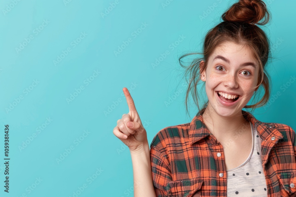 Cheerful girl pointing at empty space in colorful background. Cheerful girl pointing at empty space in colorful background.