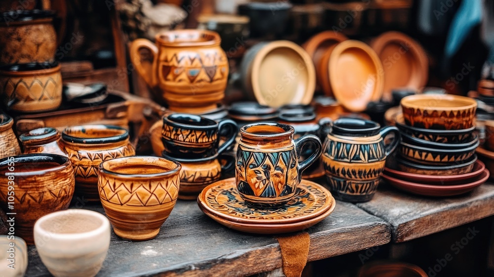Traditional Handcrafted Ceramics Displayed on Table Traditional Handcrafted Ceramics Displayed on Table