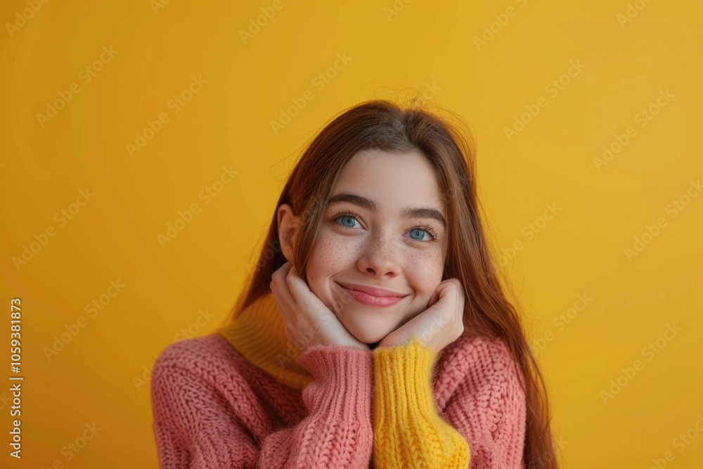 Cheerful girl holding copy space banner on yellow background.
