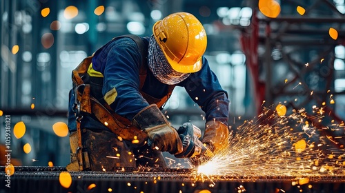 Dynamic Construction Scene: A Skilled Worker Cutting Steel with Power Tools - Perfect Poster for Inspiring Sports Interiors and Industrial Decor photo