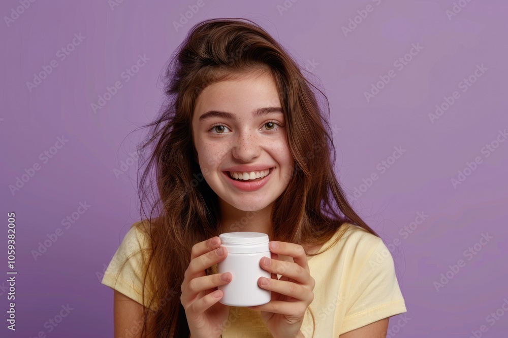 Cheerful girl holding product with copy space on purple background.
