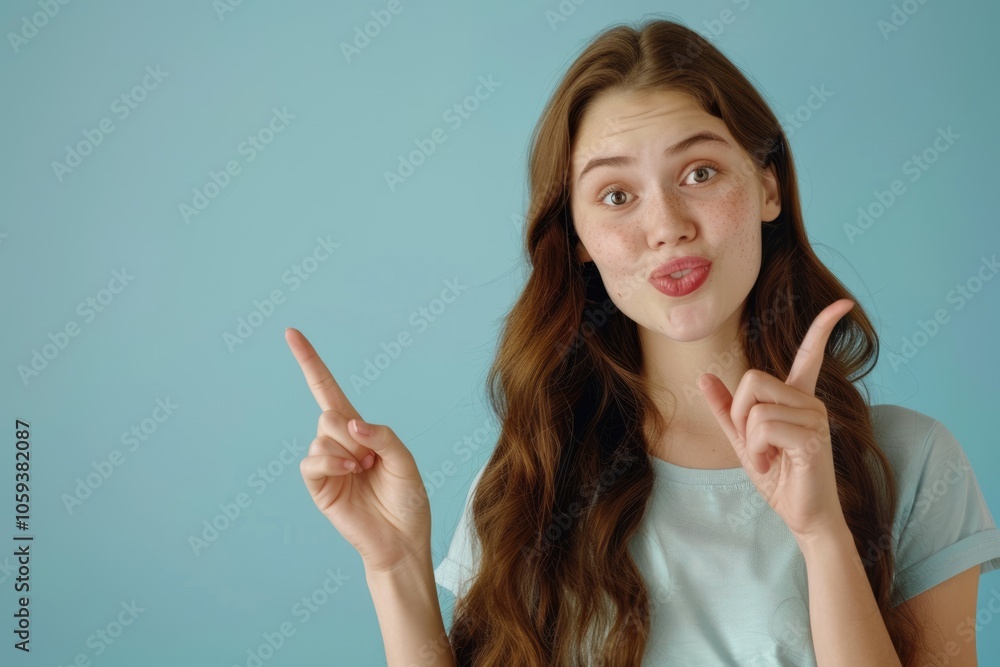 Cheerful girl with copy space ad idea on blue background Cheerful girl with copy space ad idea on blue background