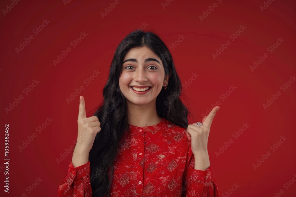 Cheerful Pakistani girl pointing to copy space in studio portrait Cheerful Pakistani girl pointing to copy space in studio portrait