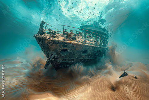 An old shipwreck rests on a sandy ocean floor, surrounded by swirling sand and schools of fish, illuminated by sunlight filtering through clear blue water