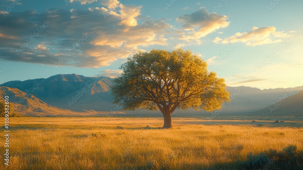 A lone tree stands in a field at sunset, with mountains in the background. A lone tree stands in a field at sunset, with mountains in the background.